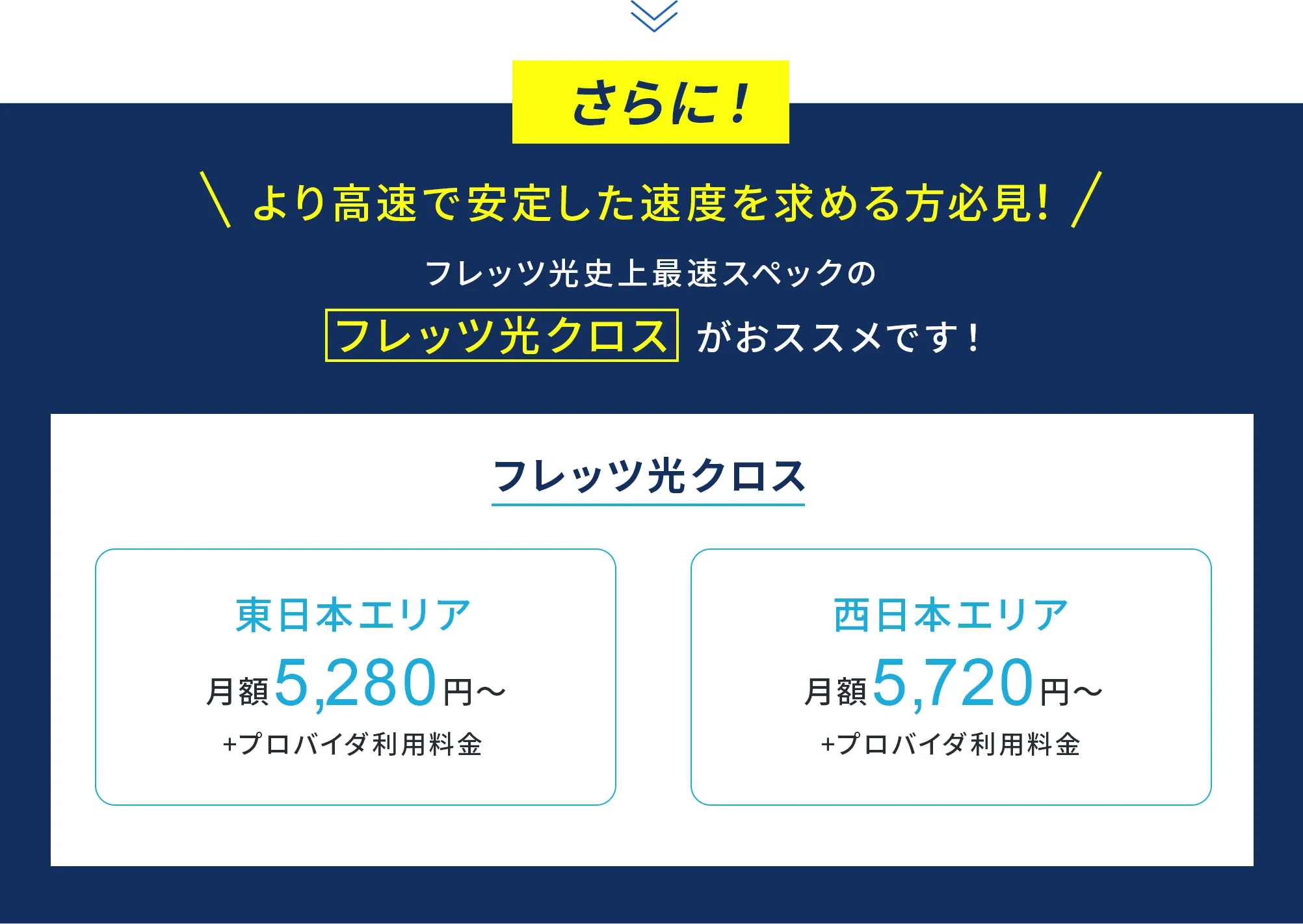 さらに！より高速で安定した速度を求める方必見！ フレッツ光史上最速スペックのフレッツ光クロスがおススメです！ フレッツ光クロス 東日本エリア 月額5,280円〜 + プロバイダ利用料金 西日本エリア 月額5,720円〜 + プロバイダ利用料金